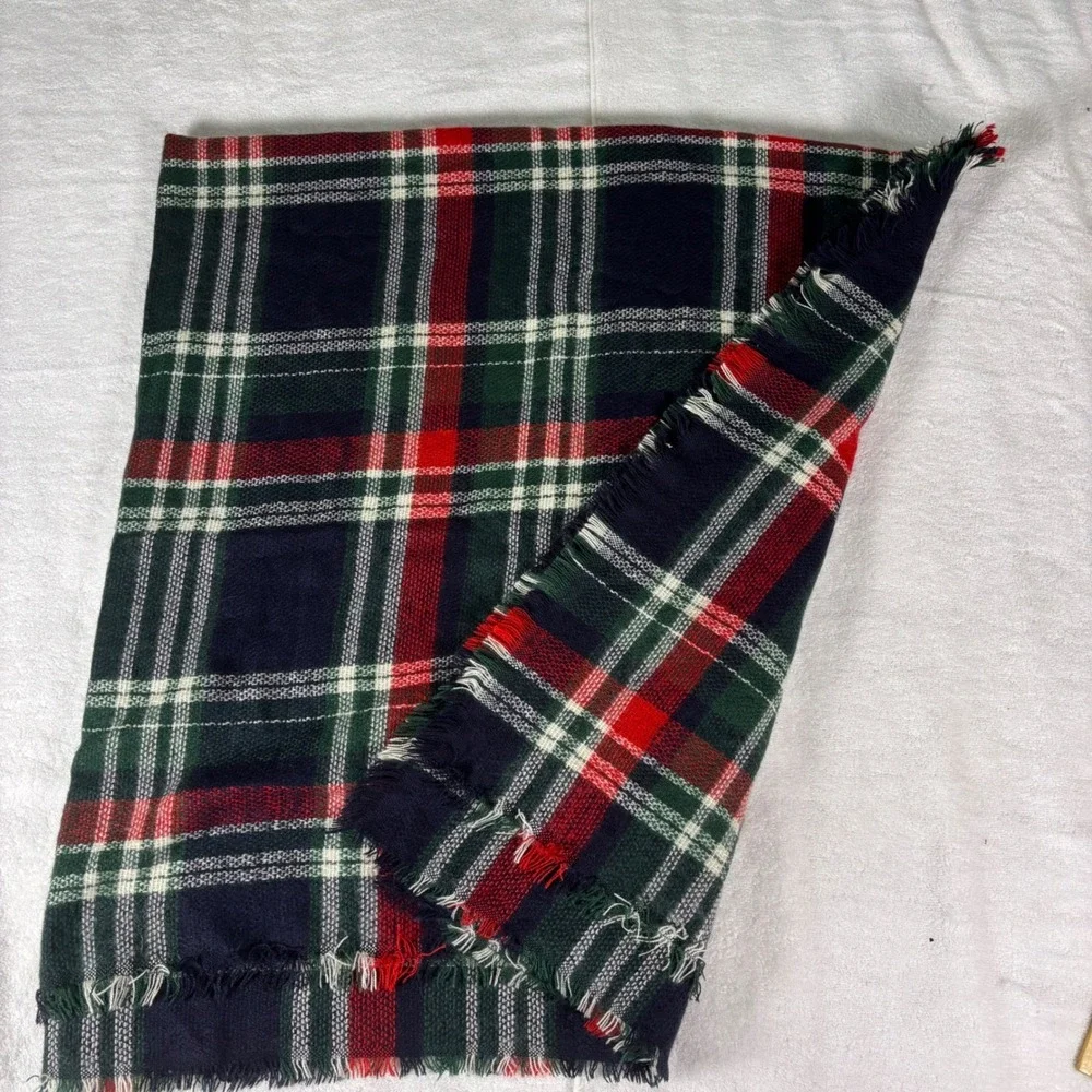 Tartan Plaid Blanket Scarf Unisex OS Navy Green Red Frayed Square Cozy Preppy